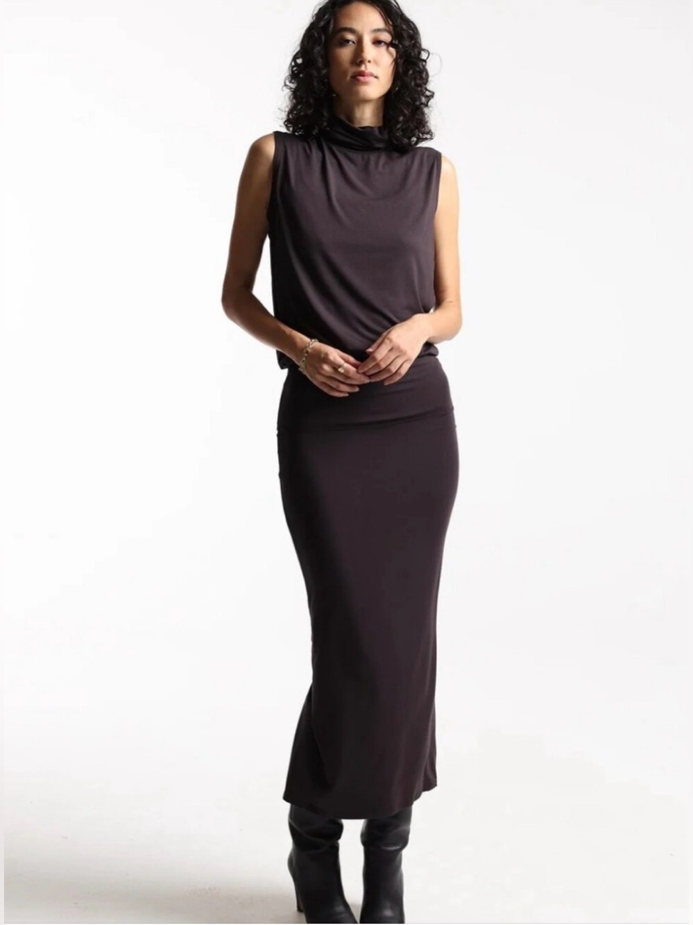 Bleusalt Black Turtleneck Sleeveless Skirt Set